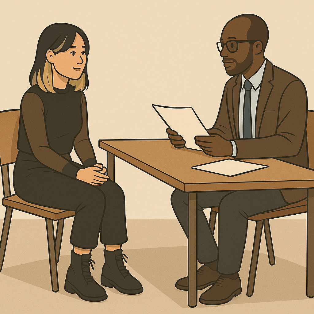 A woman at an interview, with a man sitting across the table from her with some paperwork. 
