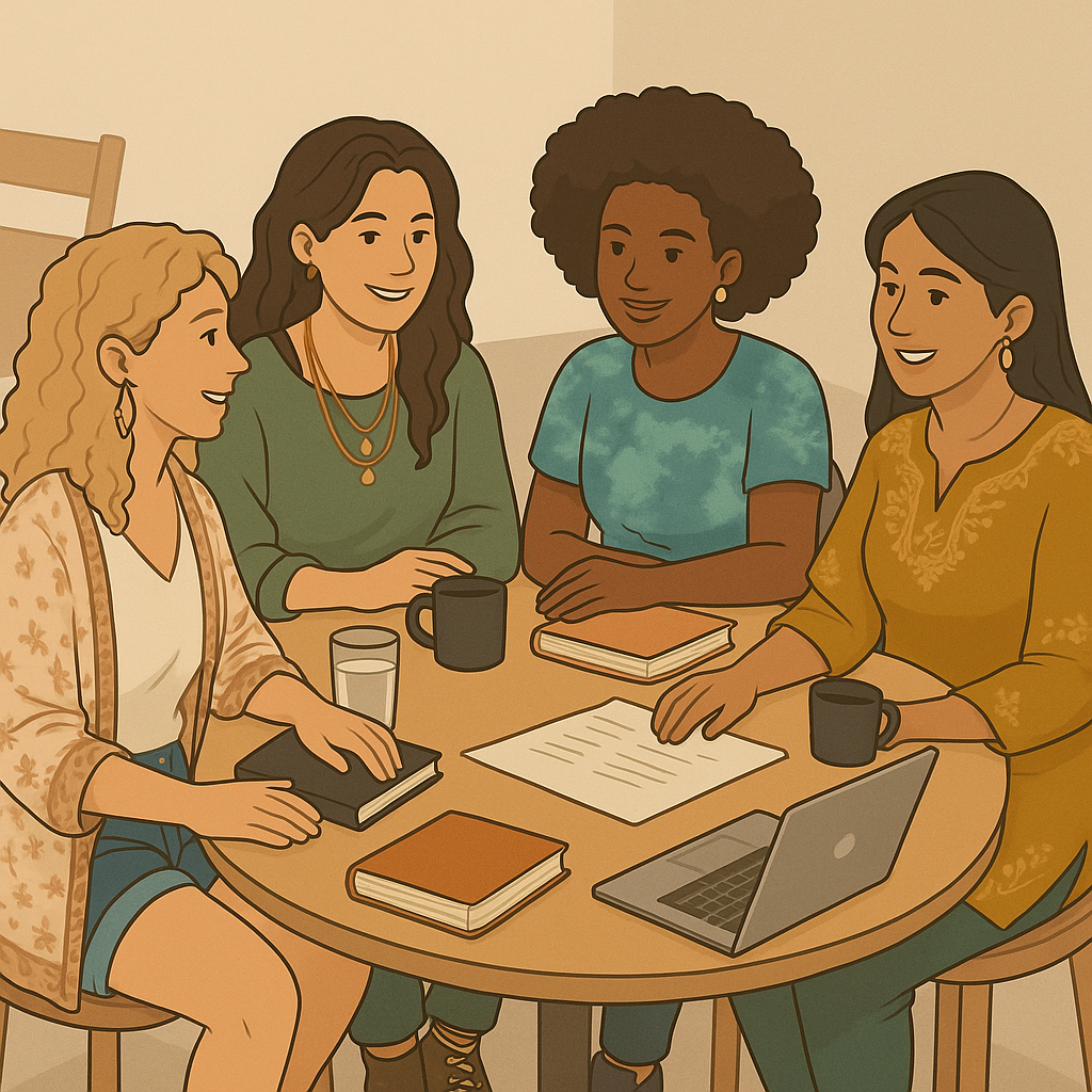 Four women sat around a table with books and a laptop and drinks, talking. 