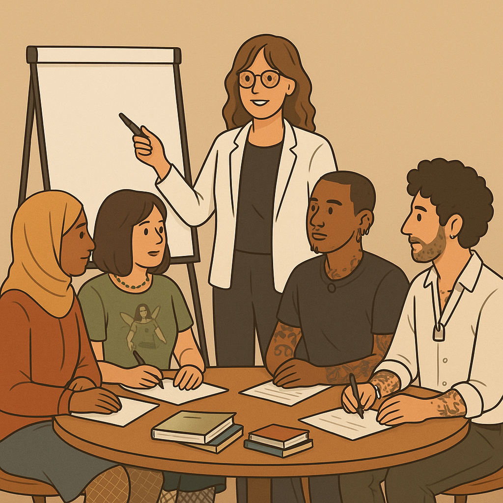 A woman in a whitecoat standing at a flipchart about to write. Four people are sat at a table in front of her listening. 