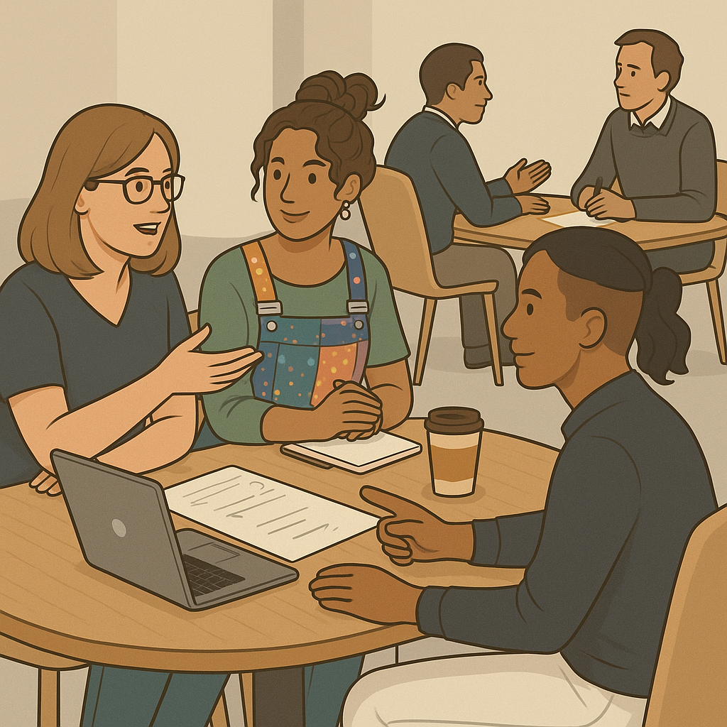 A woman is sat at a table with two people explaining something to them. There is a laptop and notepad on the table. There is another table behind them with a man discussing something with another man. 