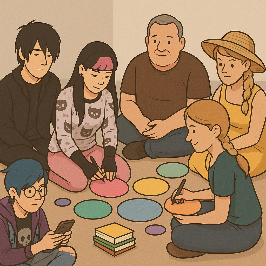 A group of 6 people sat on the floor, doing an activity where they are drawing on colourful circles. 