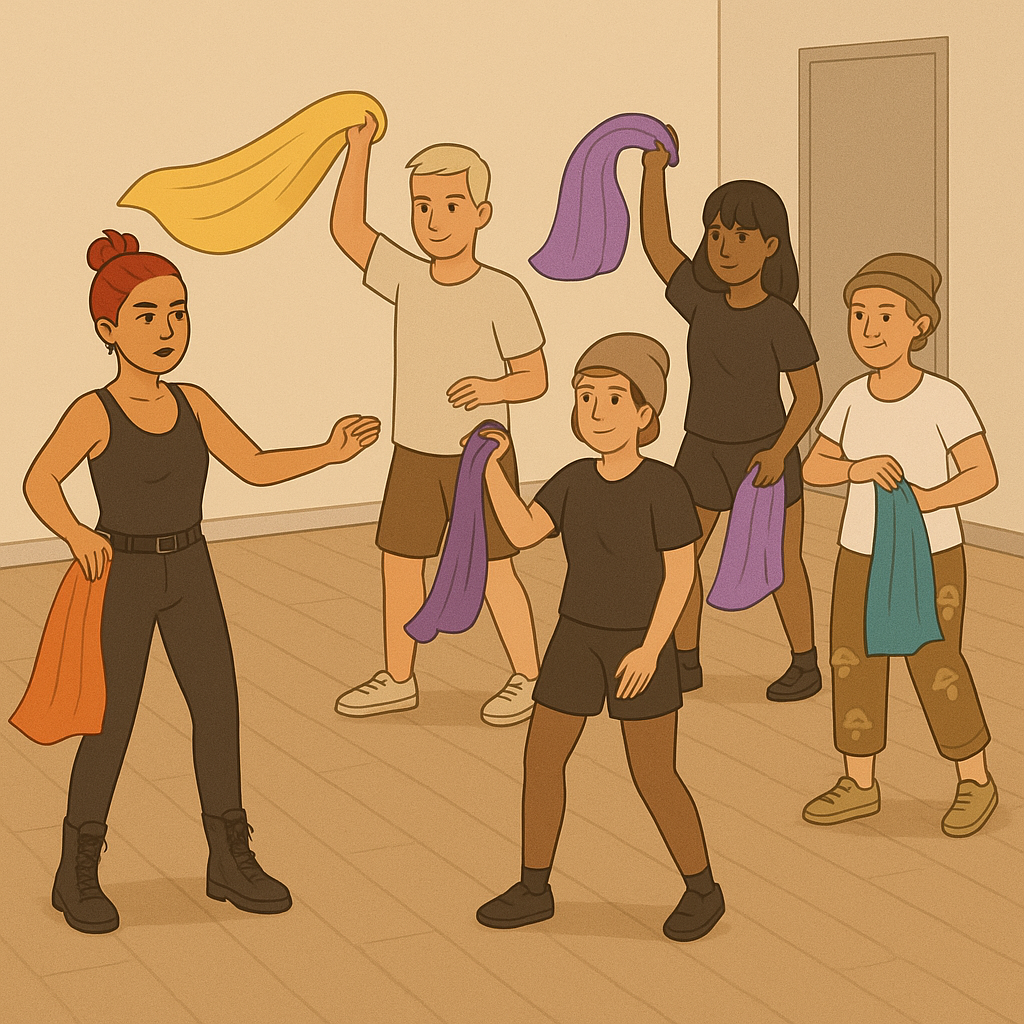 A group of 5 people in a large hall doing some gentle dancing and moving around activity. 