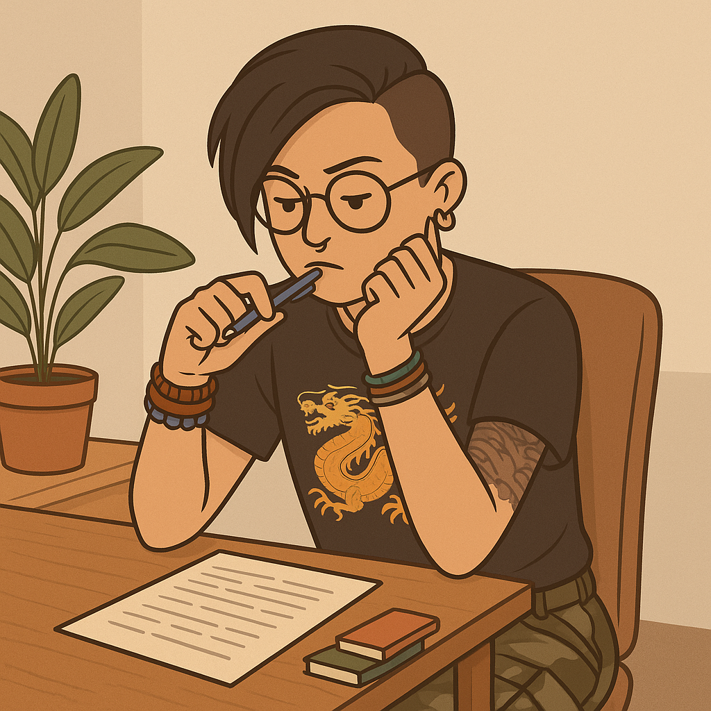 A person sat at a table chewing on a pen thinking with a piece of paper in front of them. 