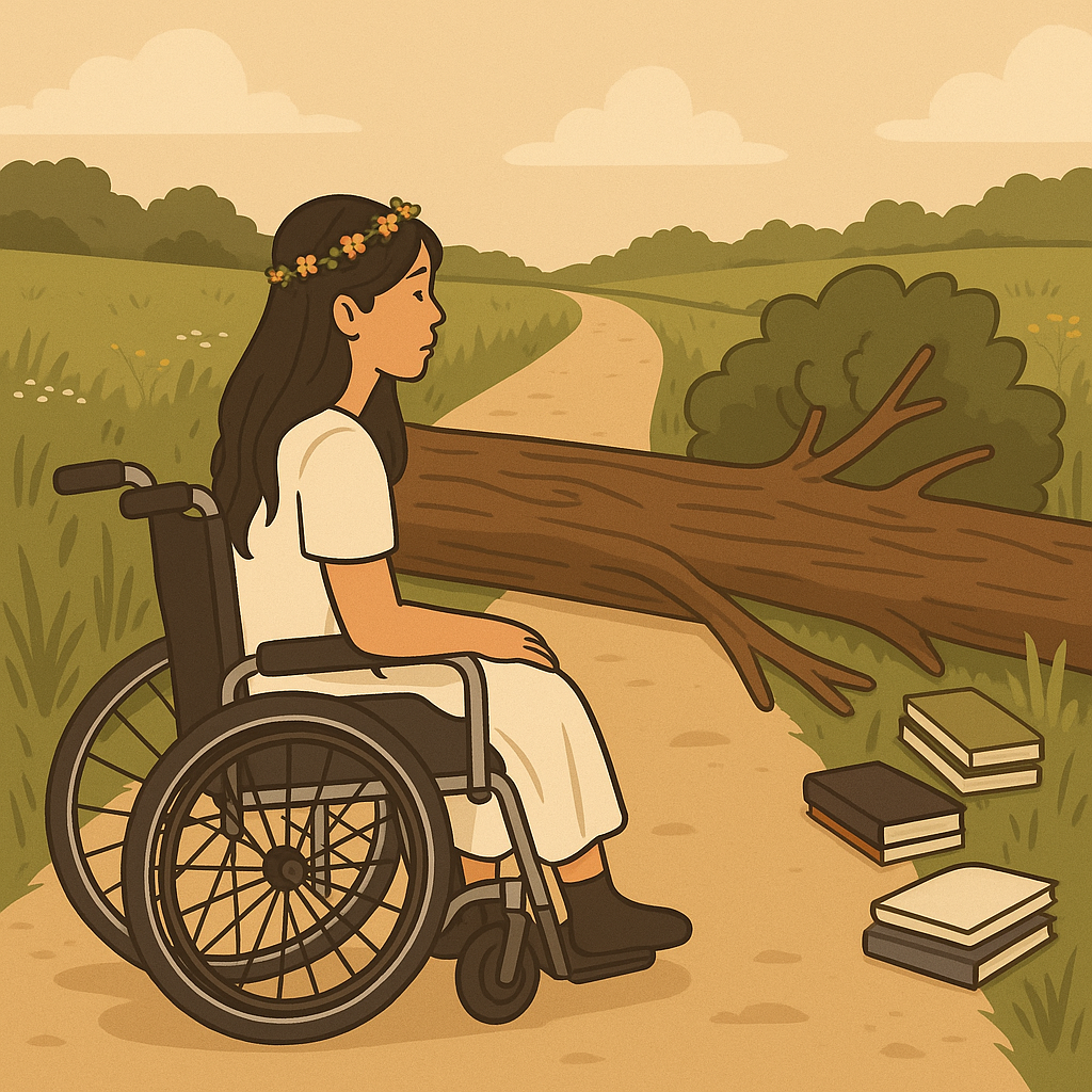 A woman in a wheelchair on a path, blocked by a fallen down tree. 