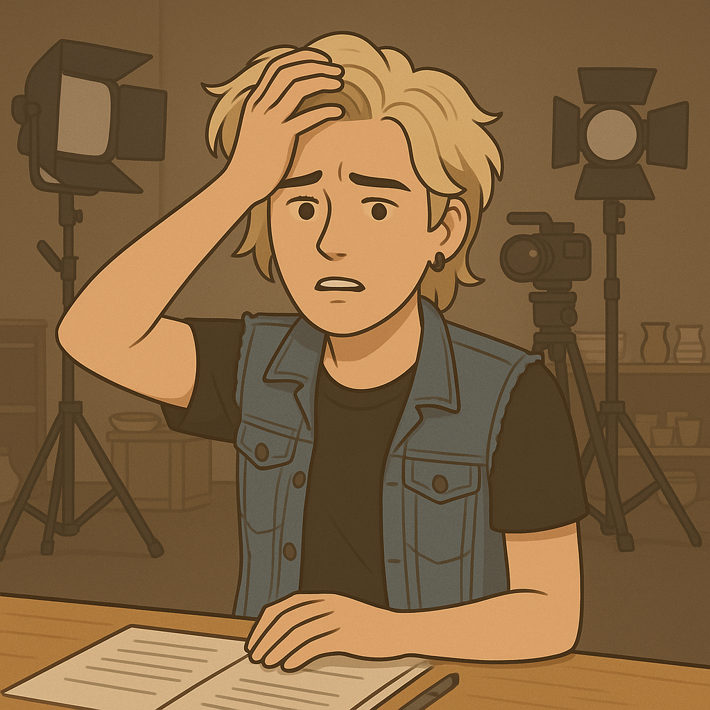 A person sat on a desk with a book in front of them, looking stressed and running their hands through their hair. 