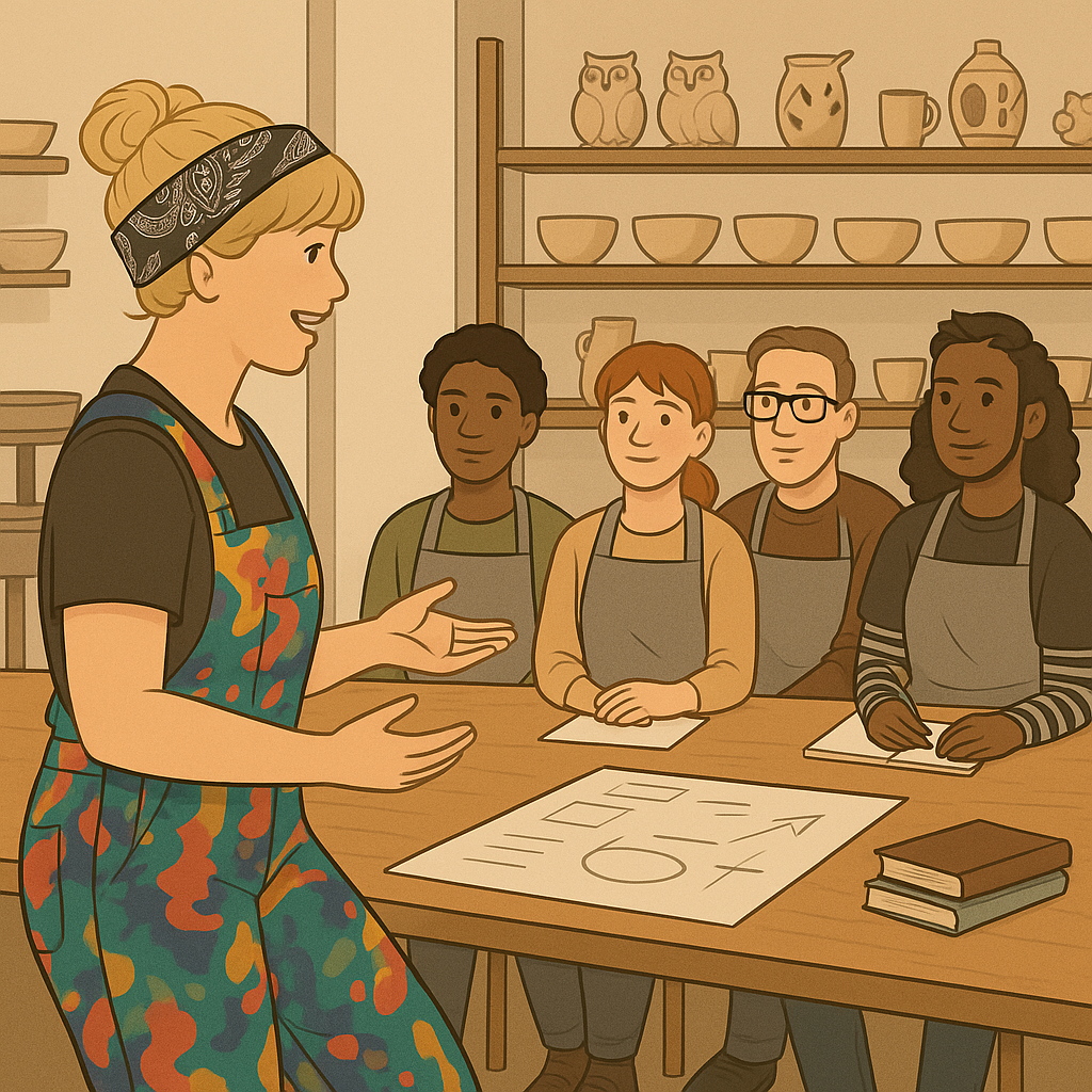 A person in a pottery workshop talking to staff members wearing aprons listening to them speak. 