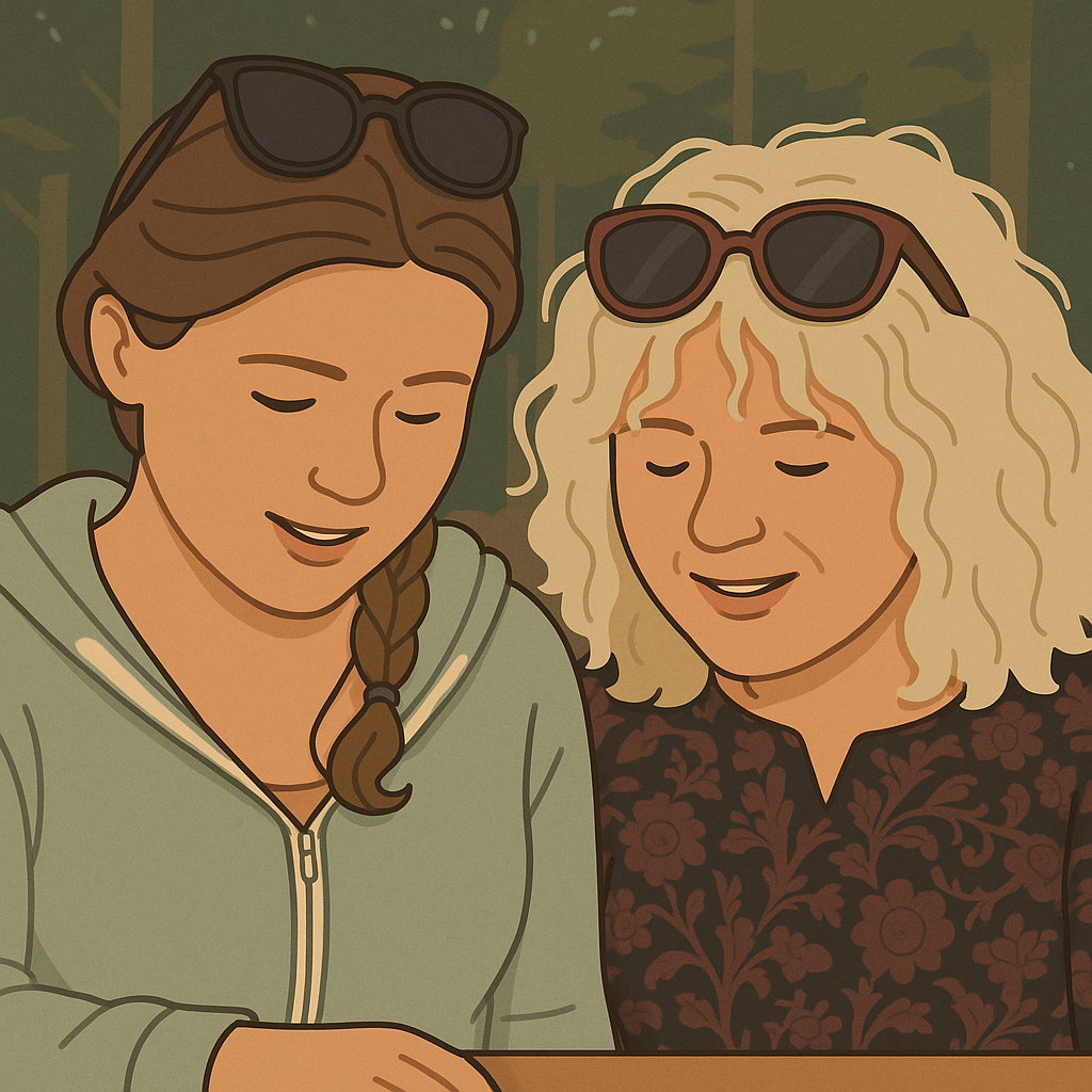 Two people standing closely together and looking at something. 