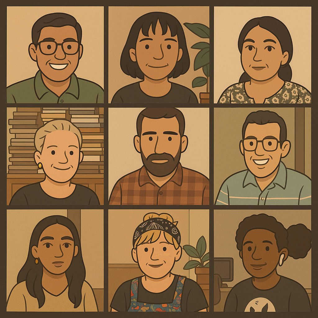 A group of 9 people in an online call so you can see them a 9 way split screen. 