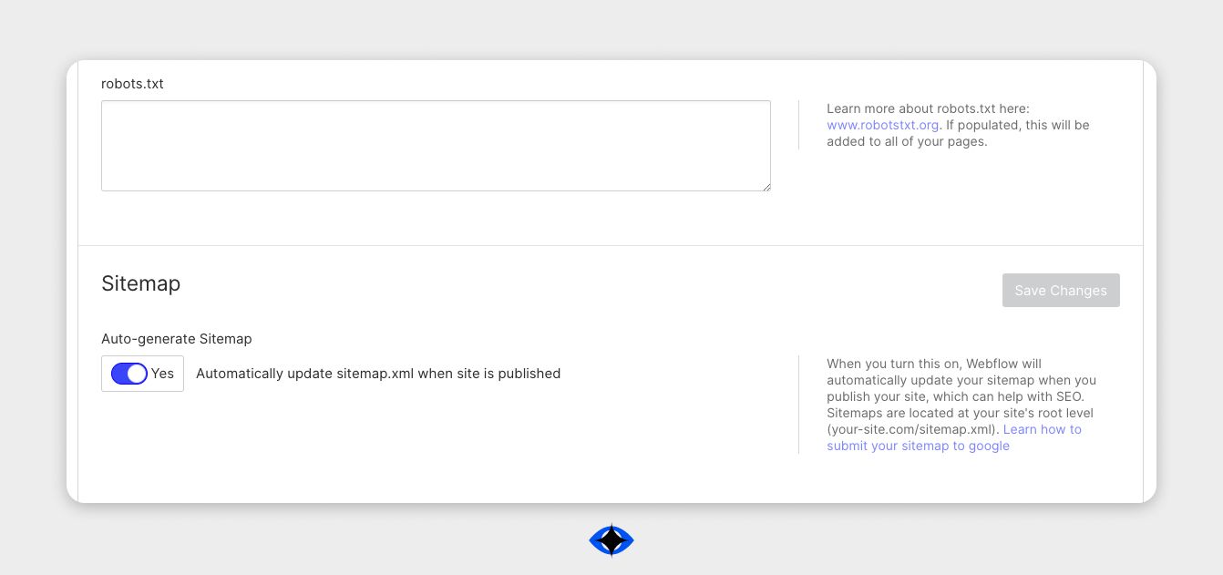 Screenshot from Webflow's robots.txt and sitemap menus.