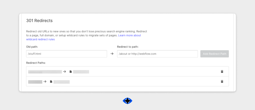 Screen shot form Webflow's 301 redirects menu.