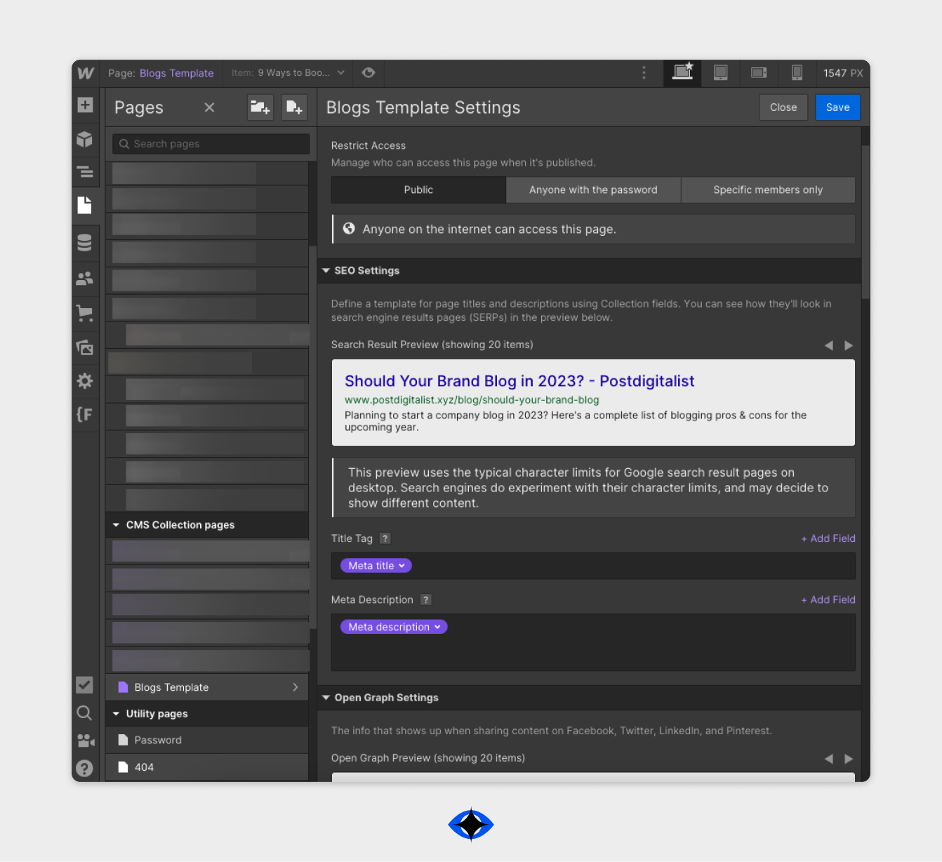 Screenshot from Webflow's Blog Template Settings menu.