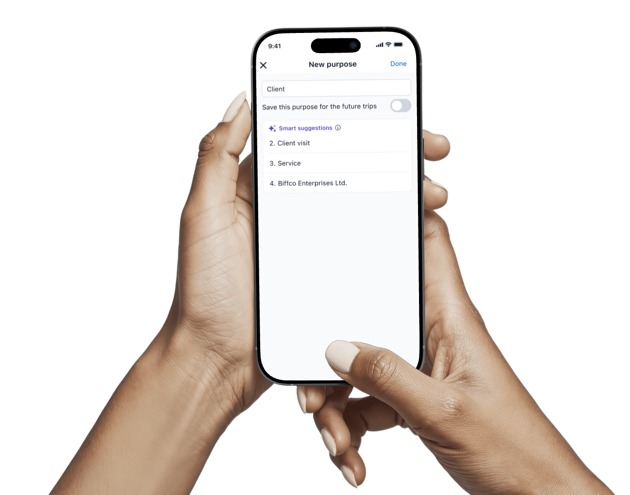 Two hands holding phone with app opened