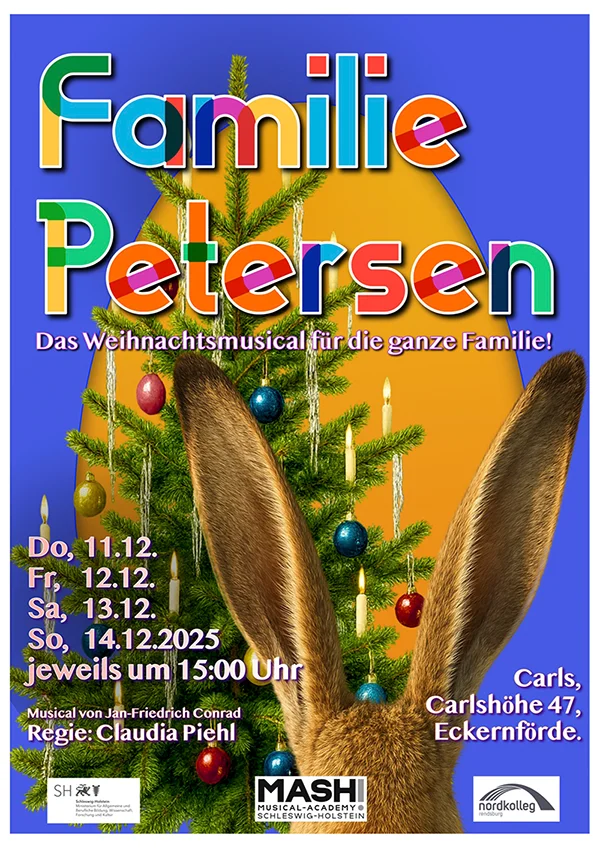 Gemalter Hase unterm Weihnachtsbaum, der Ostereier findet
