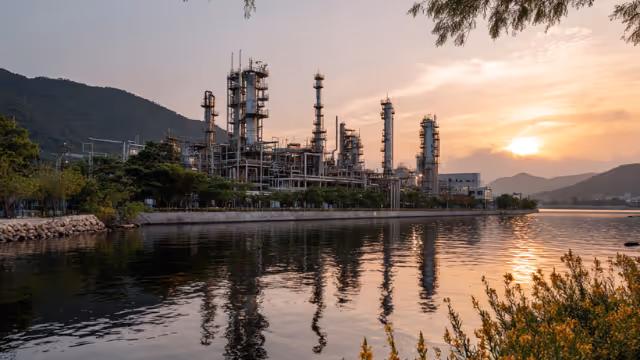 Refinery surrounded by water and scenic imagery