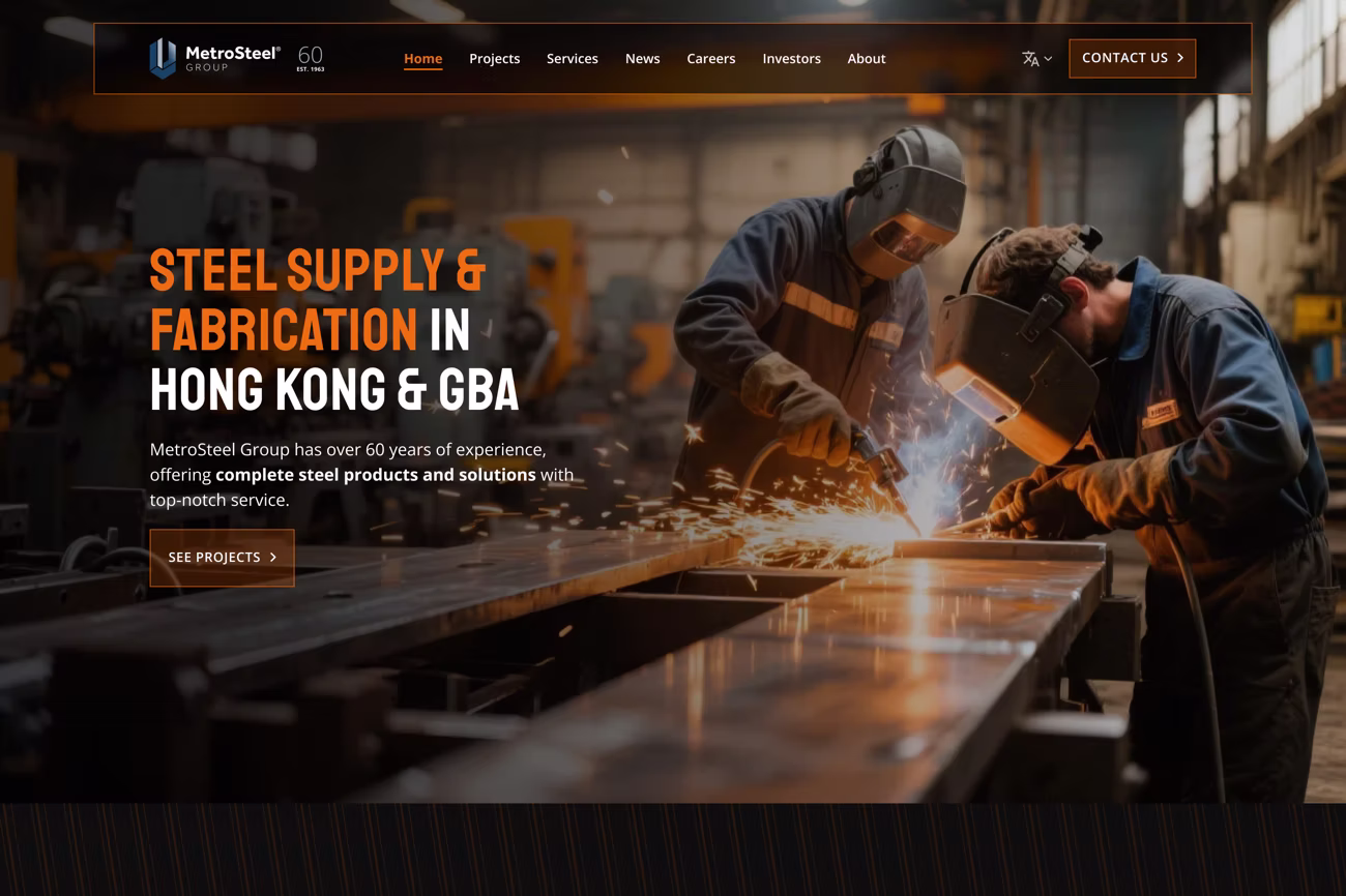 a screenshot showing a hero section of a steel fabrication company. 