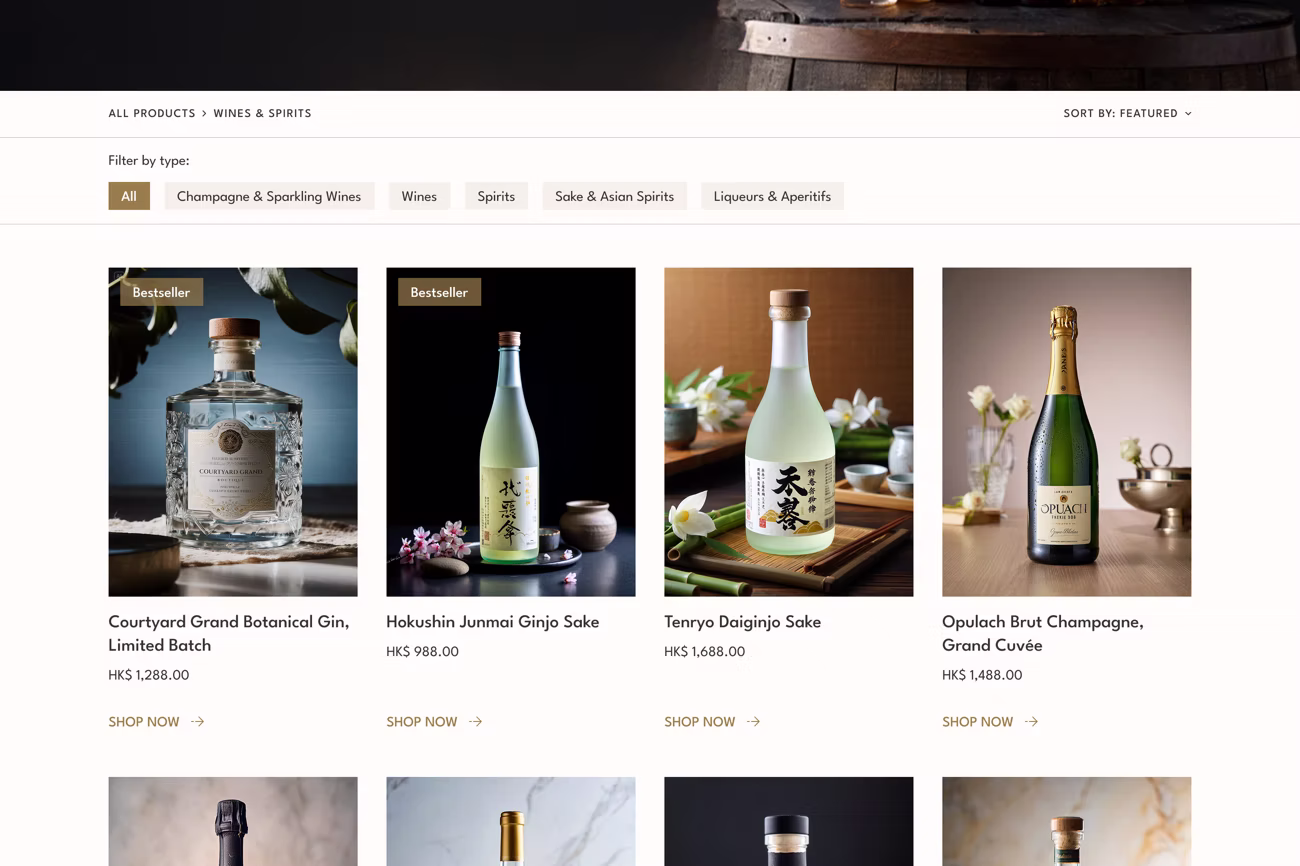 a screenshot showing the collection page of an online store selling various alcohol products. 