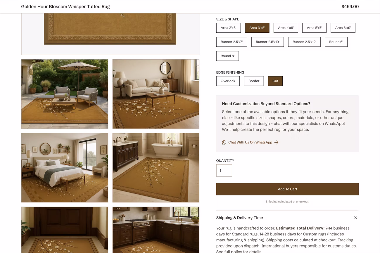 a screenshot showing the product page of a rug product of a rug selling store. with various options to choose from and with a add-to-cart button. 