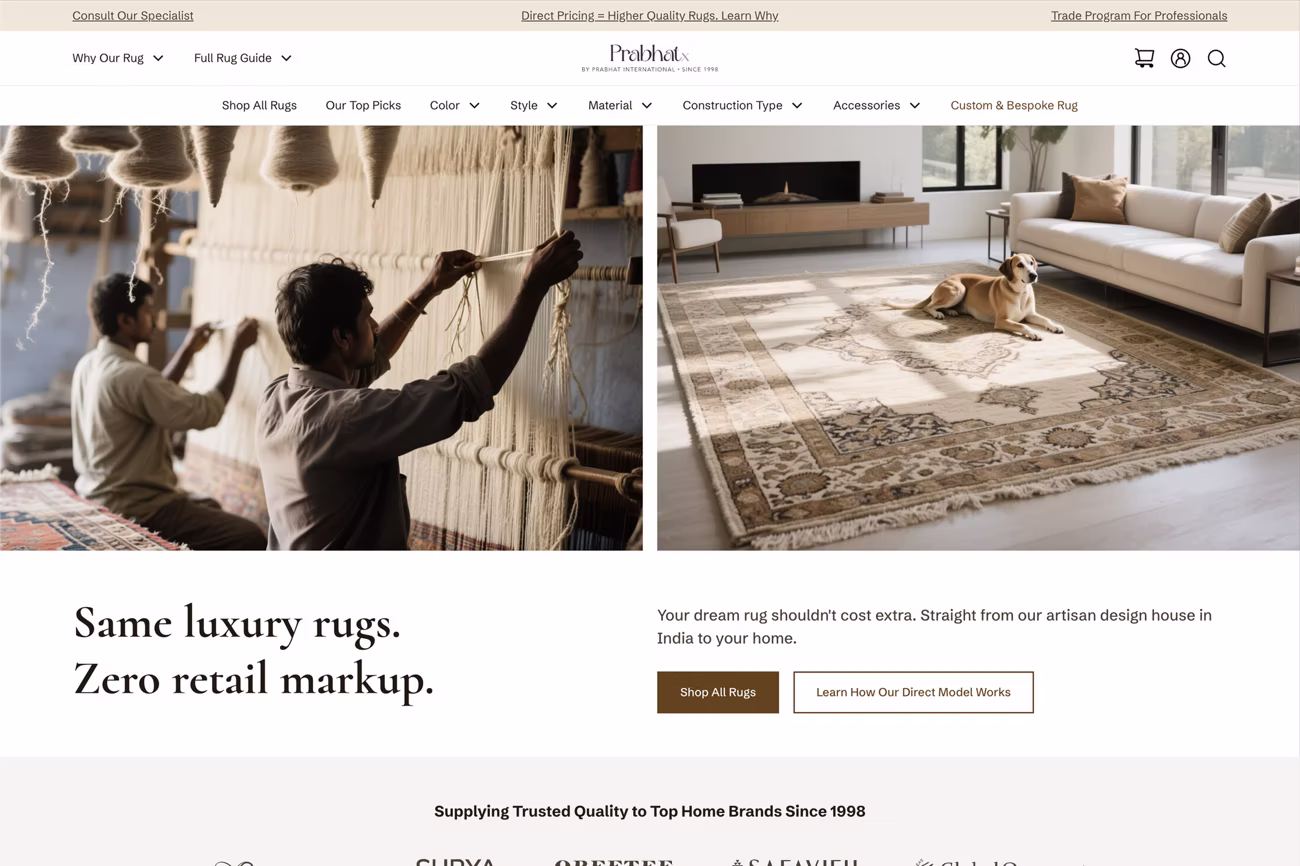 a screenshot showing the hero section of a rug store, with two main images which are the manufacturing scene and a persian rug in a home environment with a dog resting on it. 