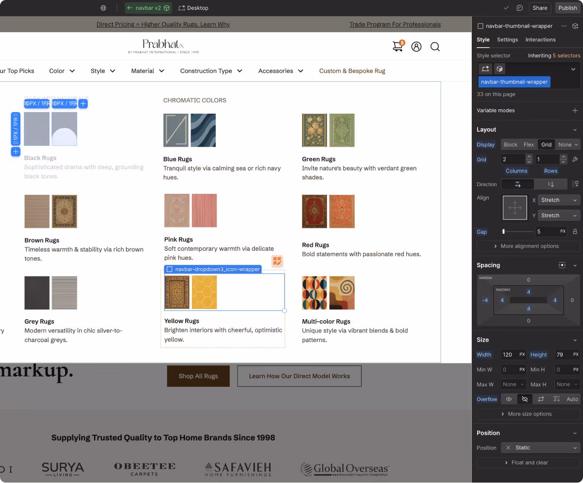 a screenshot of developing a complex navigation bar on webflow. 