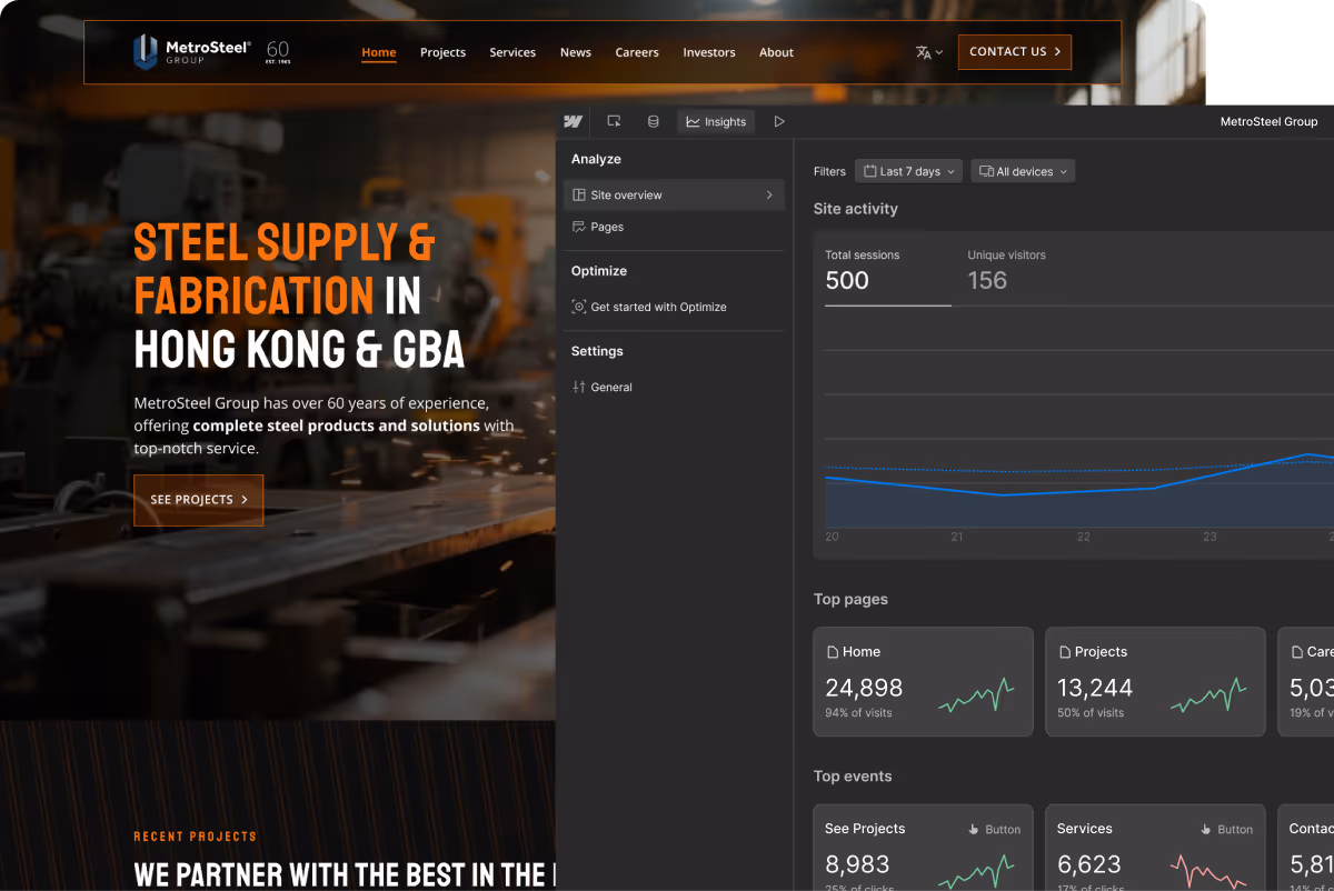 a screenshot of a website built on webflow with webflow analyze user interface screenshot on top of it. 