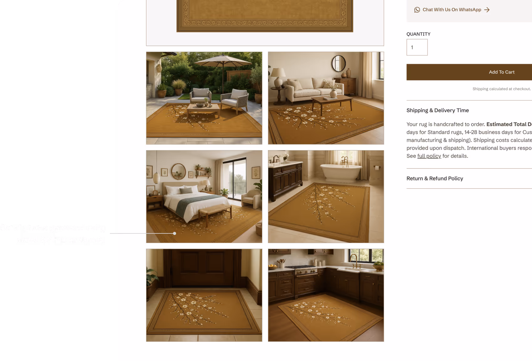 a set of In-context lifestyle scenes images generated by AI, showing how a rug will look in different environments. 