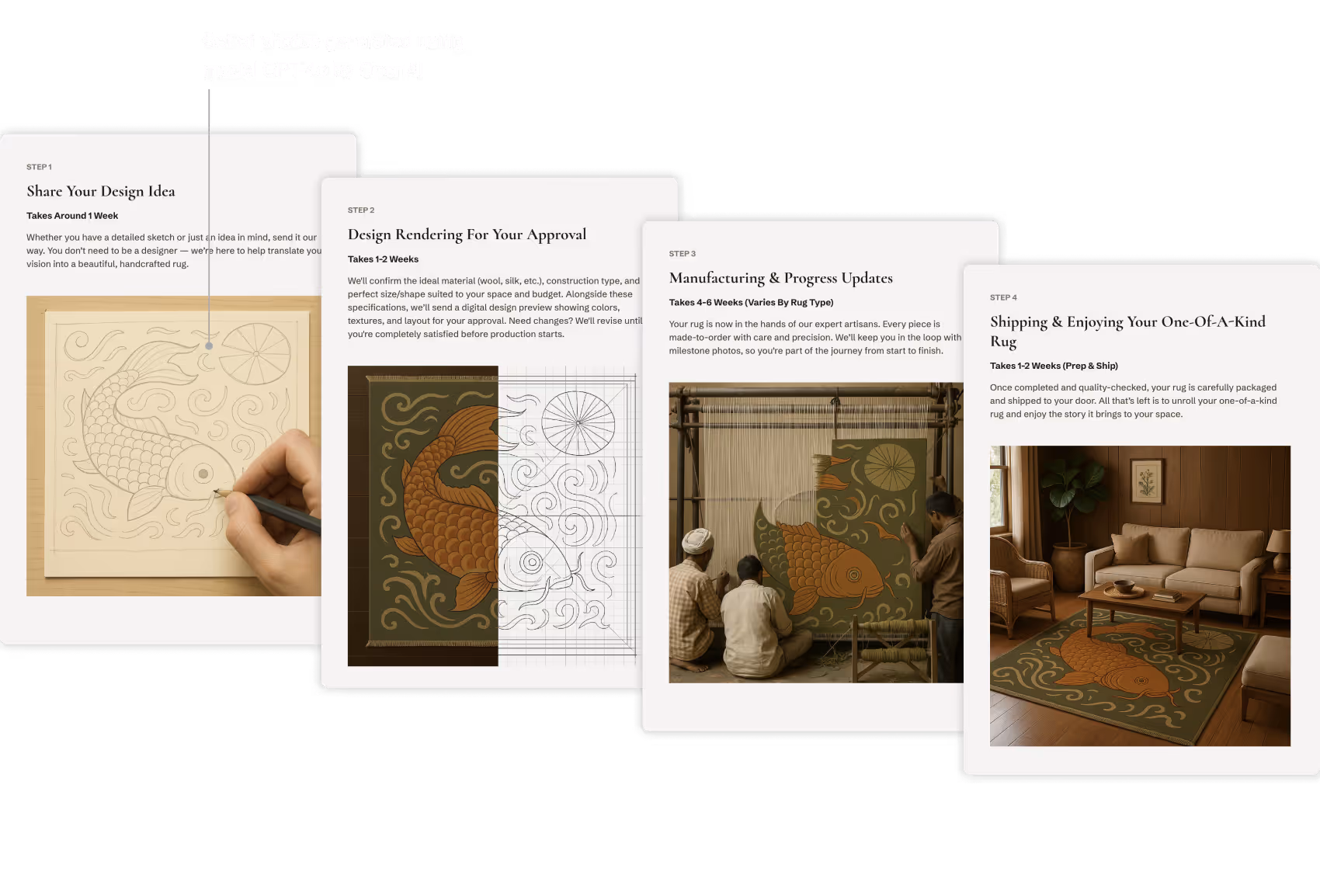 a set of 4 images generated by AI, showing the creation of a custom-design rug from ideation to the customer receiving the finished product at their home. the design of the rug stayed consistent throughout. 