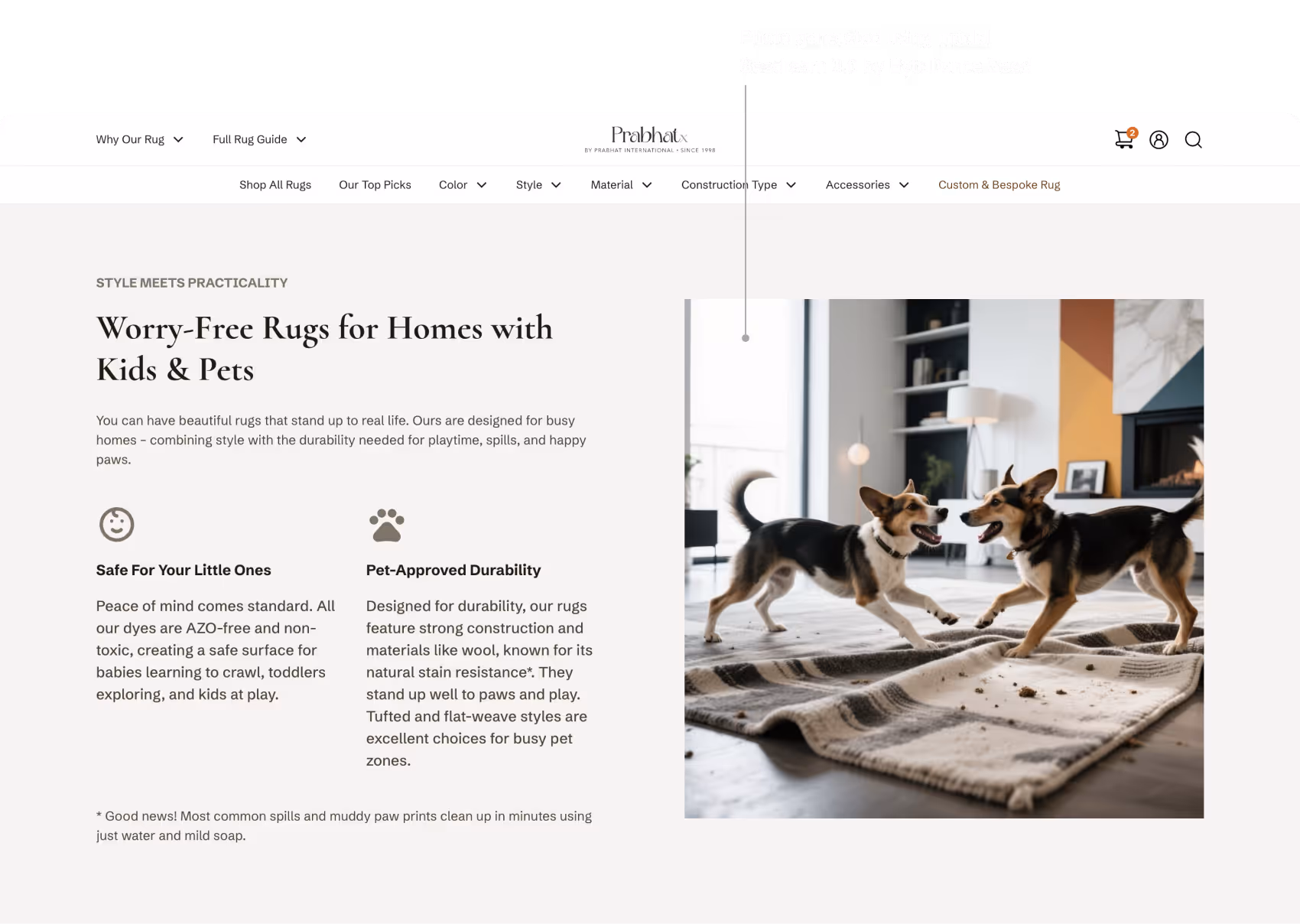 an example of an image generated by AI showing a scene of dogs playing on a rug, making it dirty. the image is placed on a web page to accompany the marketing message of the rug. 