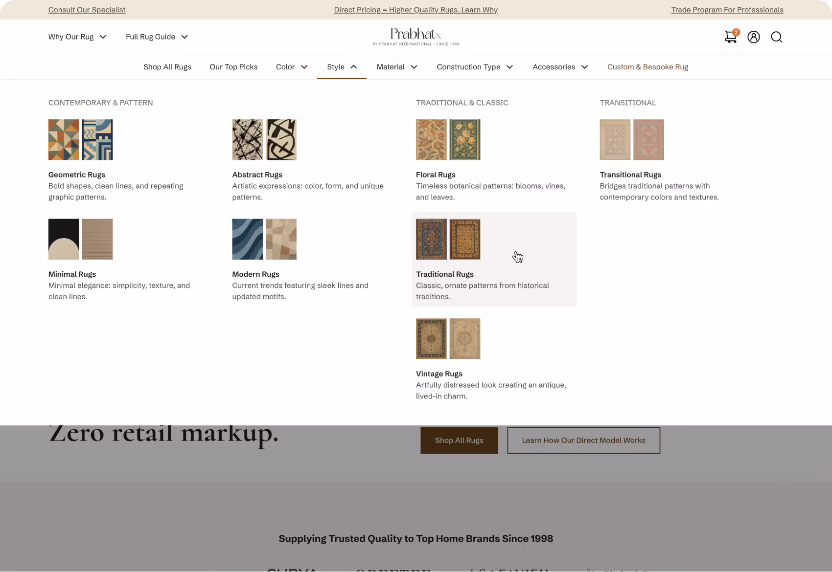 a screenshot of a megamenu on a navigation bar with 8 sub-category under the category of "style"
