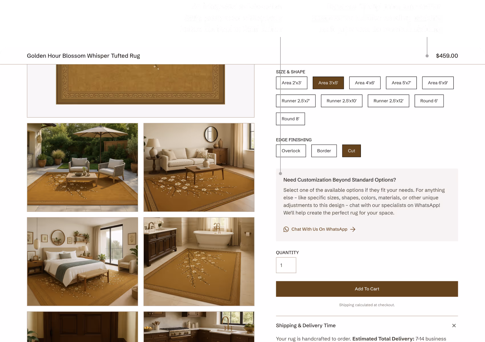 a screenshot showing a web page with: a Dynamic 'sticky' price banner that becomes visible after scrolling past the main price area for constant visibility; and An integrated call-to-action (CTA) box placed strategically before the ‘Add to Cart’ button