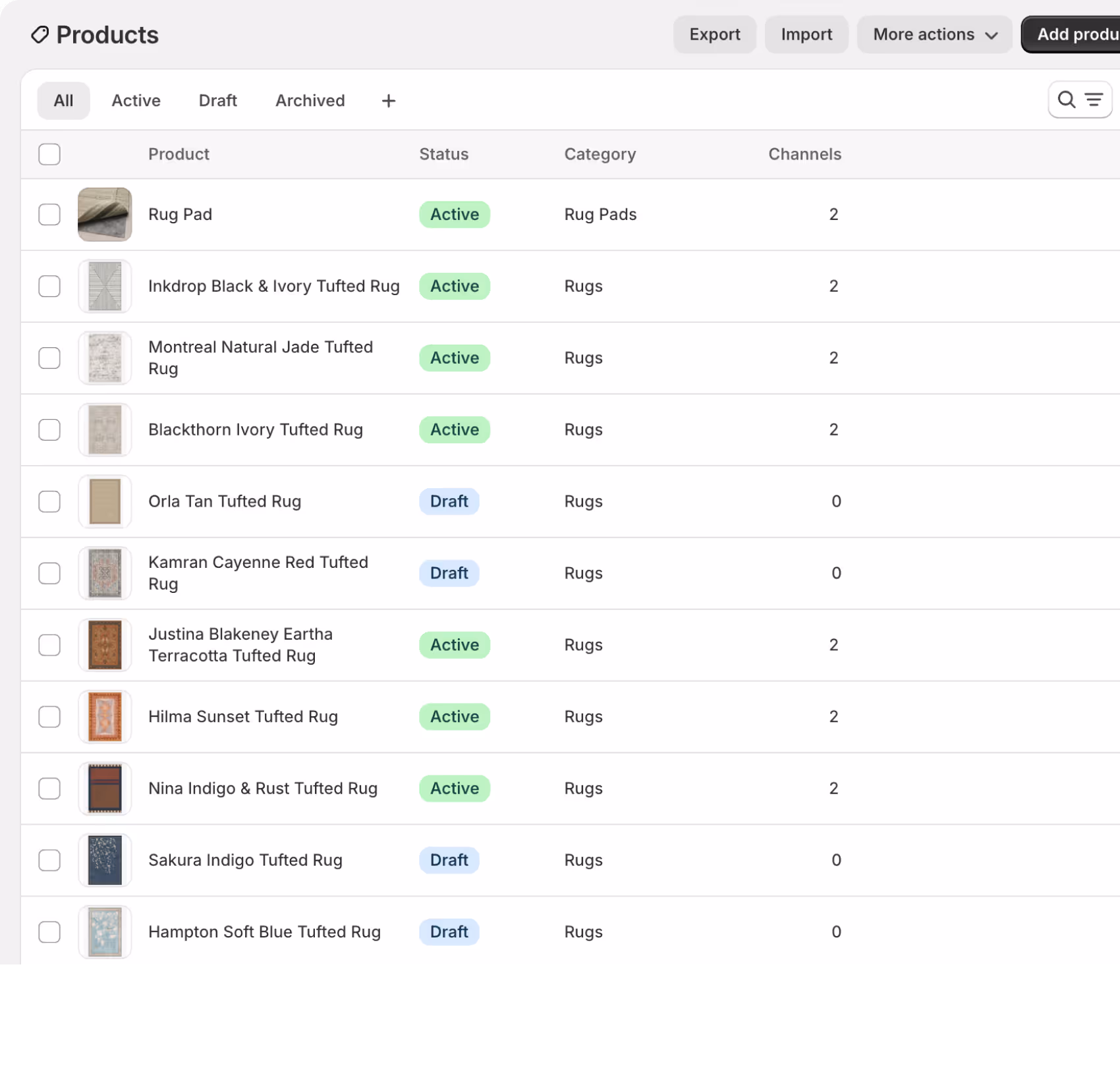 a screenshot of shopify admin product list showing a dozen of rug as individual products, some being active, some being in draft state.