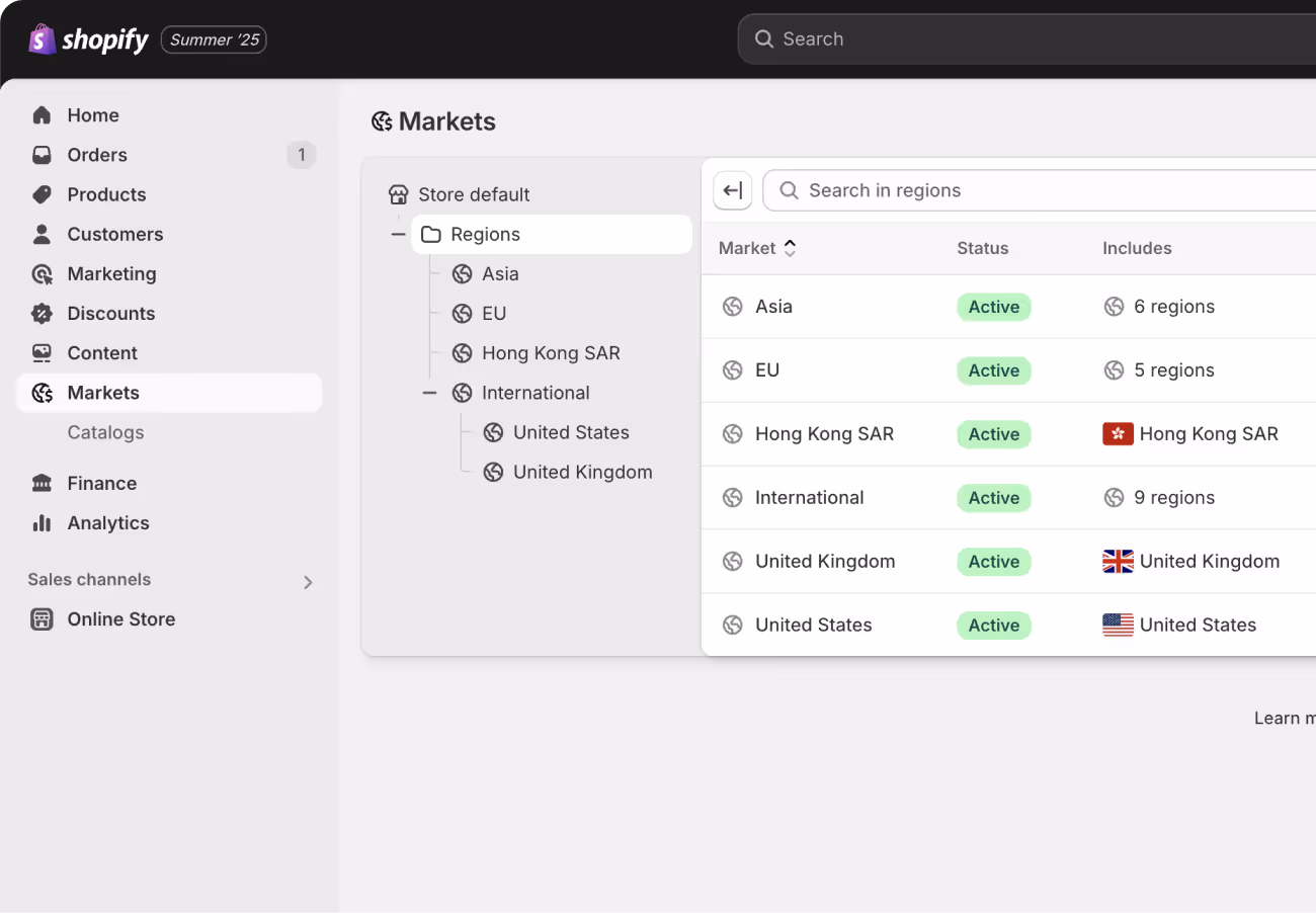 a screenshot of shopify market settings, with various regions being active.