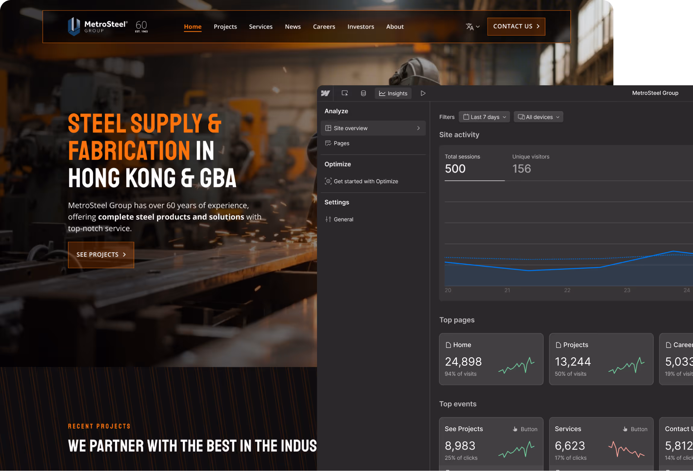 a screenshot of a website built on webflow with webflow analyze user interface screenshot on top of it. 
