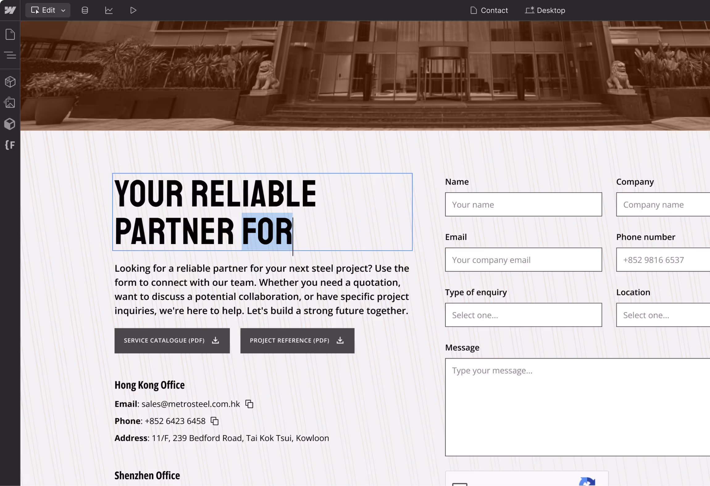 a screen showing the edit mode of webflow where clients can edit content on their site by themselves.