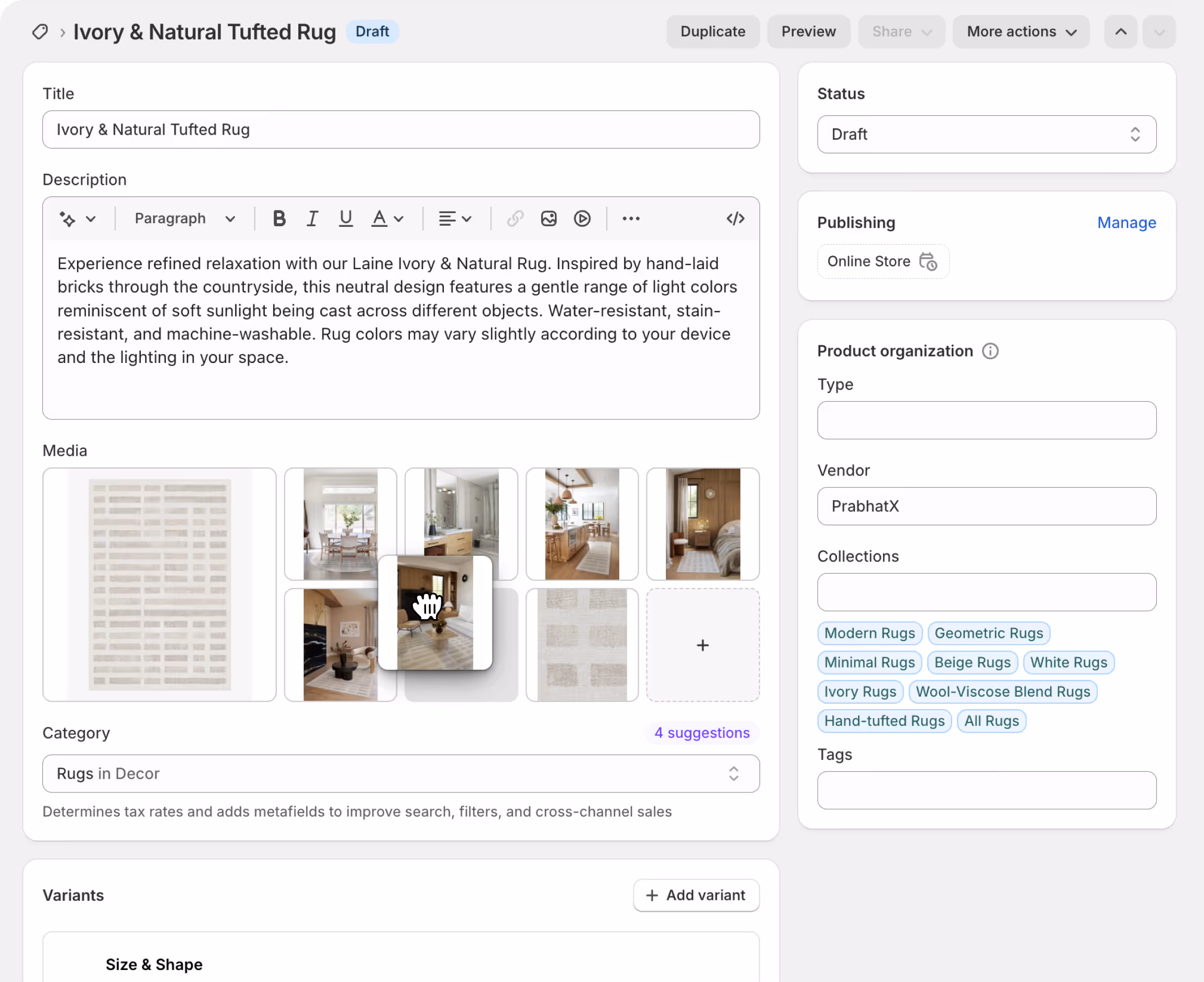 screenshot of shopify product editing user interface, the mouse cursor is dragging an image of the product to change its display position.
