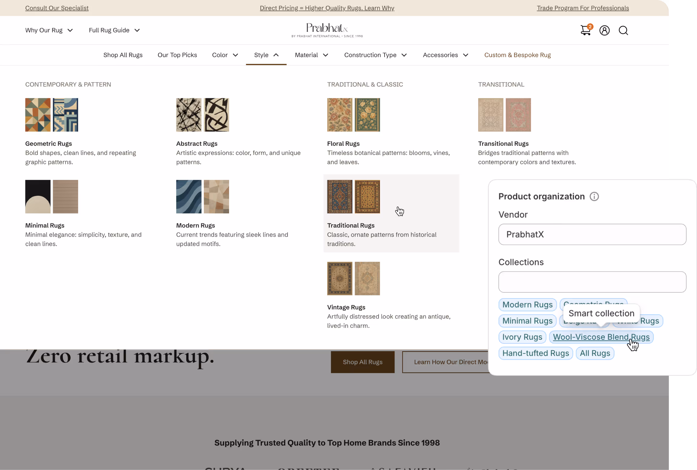 a website navigation bar mega menu with 8 sub-categories under style, with a shopify smart collection screenshot floating on it