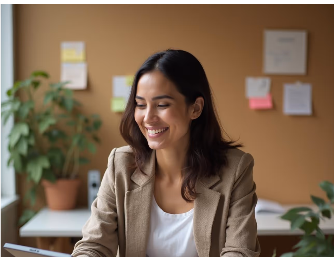 Woman laughing at desk