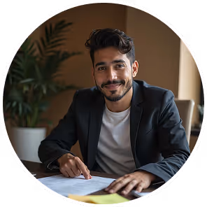 Man in dark jacket smiling at desk

