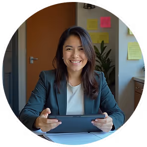 Woman smiling at desk with folder

