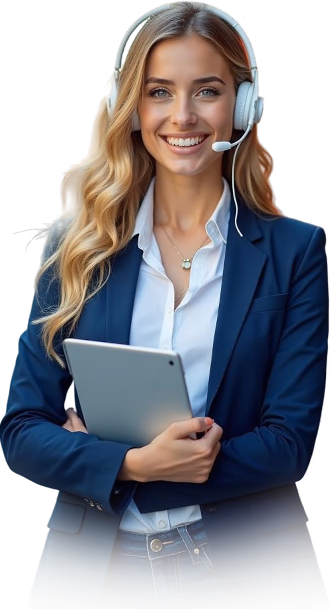 Woman with headset holding a tablet
