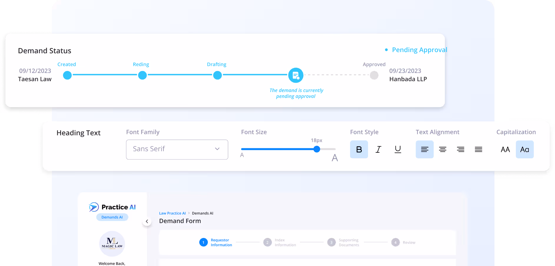 Demand status timeline showing stages Created, Reding, Drafting with current status pending approval, from Taesan Law on 09/12/2023 to Hanbada LLP on 09/23/2023.