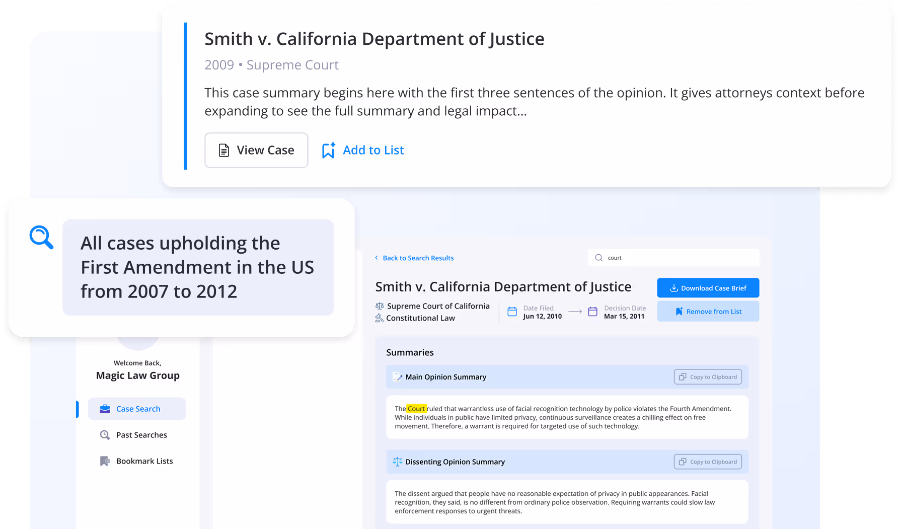 User interface displaying a legal case search for 'Smith v. California Department of Justice' with case summaries, filing dates, and options to download case brief or add to list.