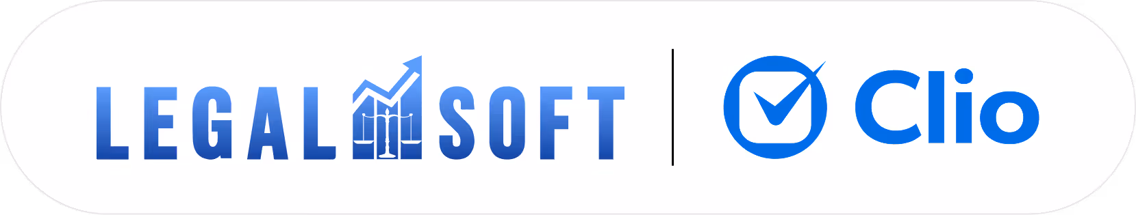 Legal Soft logo with a bar chart and scales icon next to Clio logo with a checkmark inside a circle.