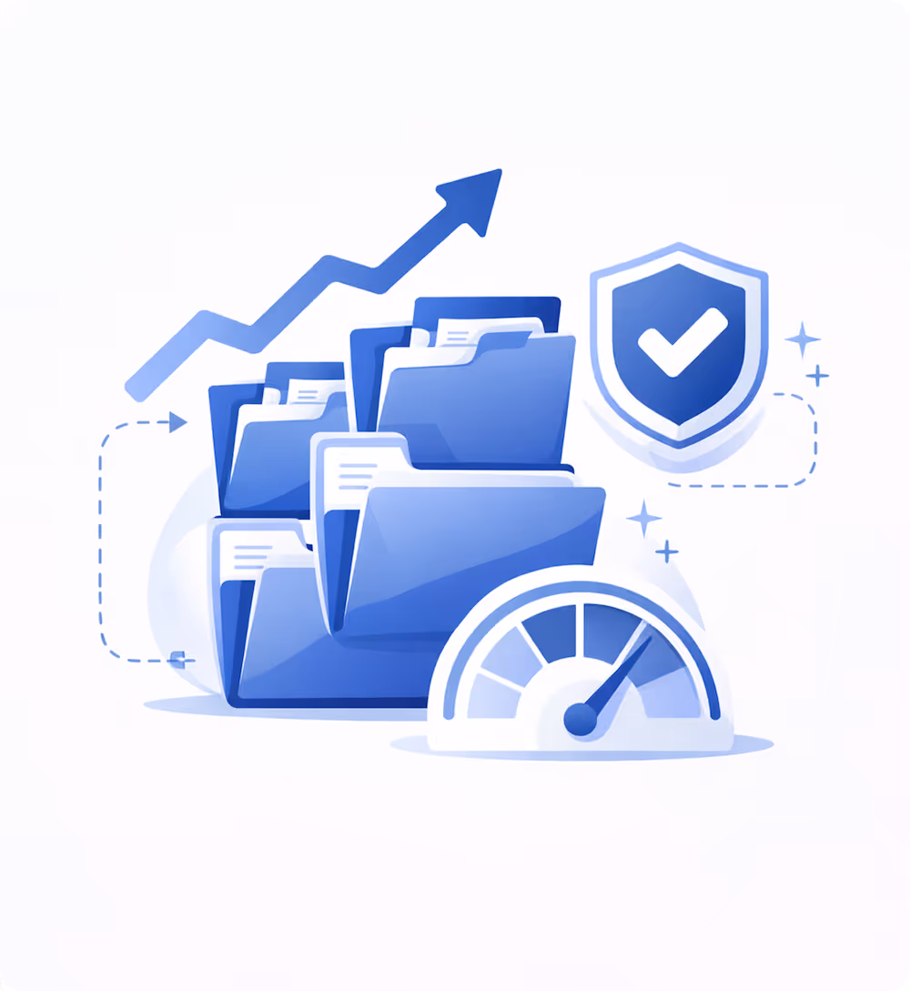 Stack of blue file folders with increasing arrow, shield with checkmark, and speedometer indicating fast, secure data management.