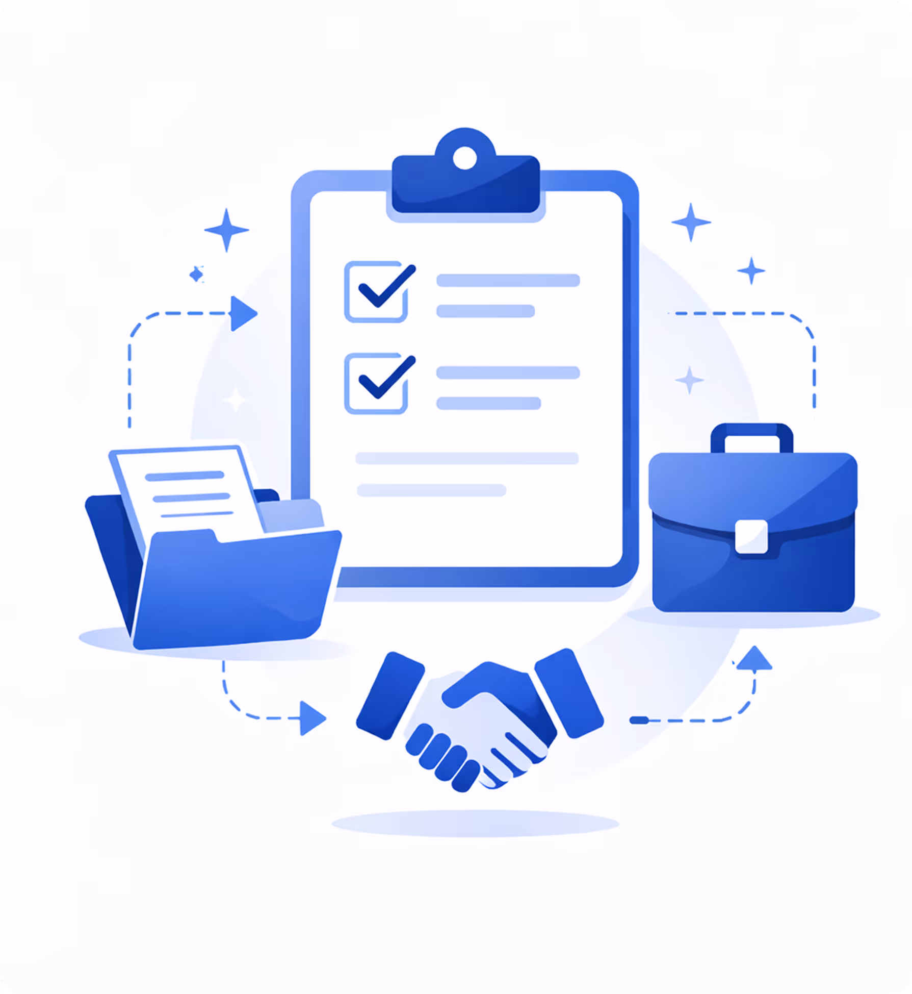 Illustration of a clipboard with checklist, a folder with documents, a handshake, and a briefcase connected by dashed arrows.