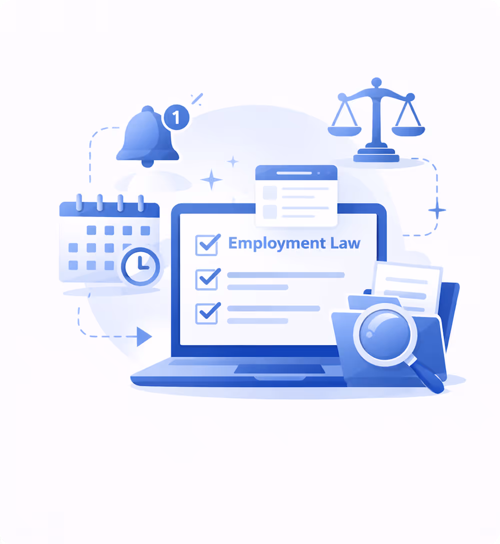 Laptop screen displaying a checklist titled Employment Law with icons of a calendar, notification bell, scales of justice, and a magnifying glass over documents.