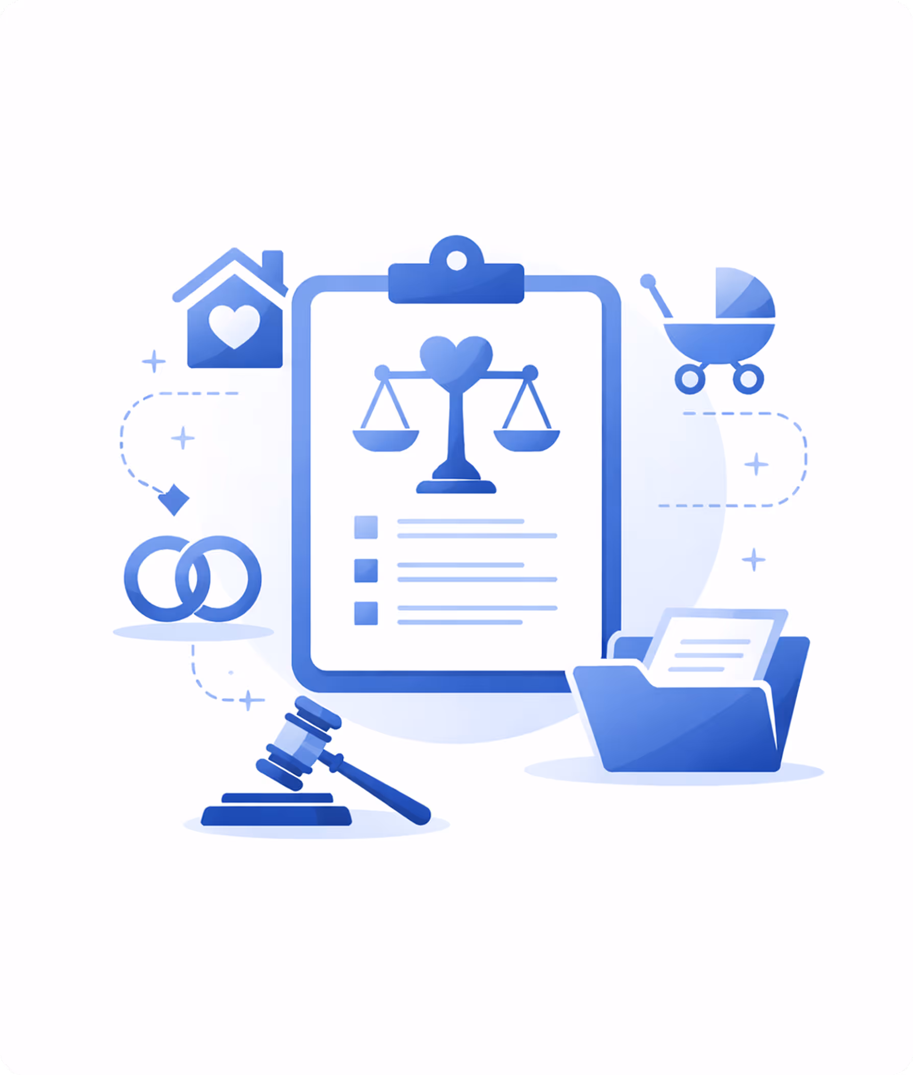 Illustration of family law symbols including a clipboard with scales of justice, wedding rings, a house with a heart, a baby stroller, a gavel, and documents in a folder.