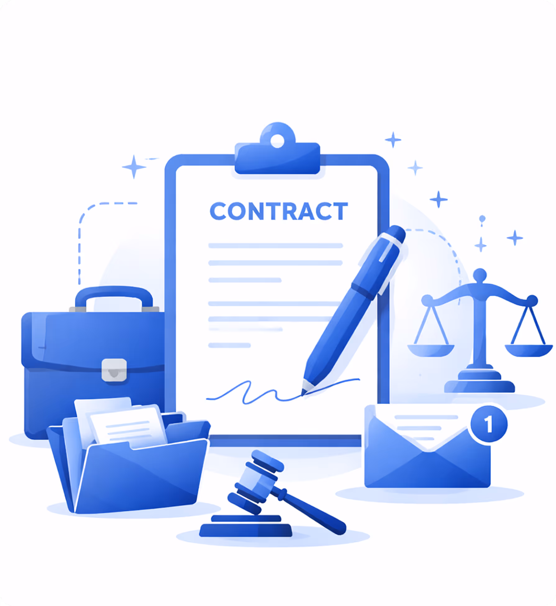 Illustration of a contract on a clipboard being signed with a pen, accompanied by a briefcase, a folder with documents, a judge's gavel, a legal scales symbol, and an envelope with a notification badge.