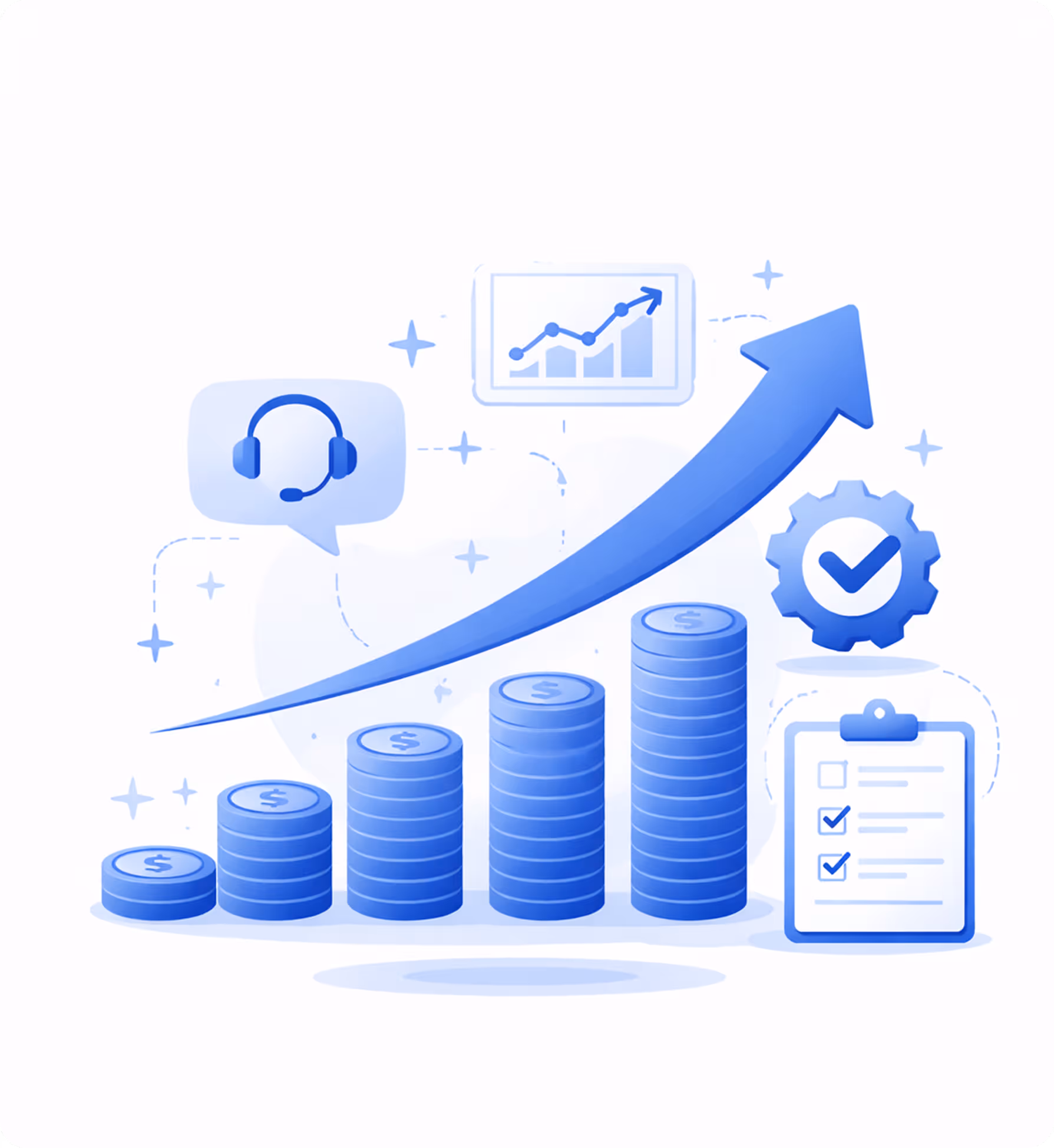 Growing stacks of coins with a rising arrow, chart, headset icon, gear with checkmark, and checklist representing business growth and customer support.