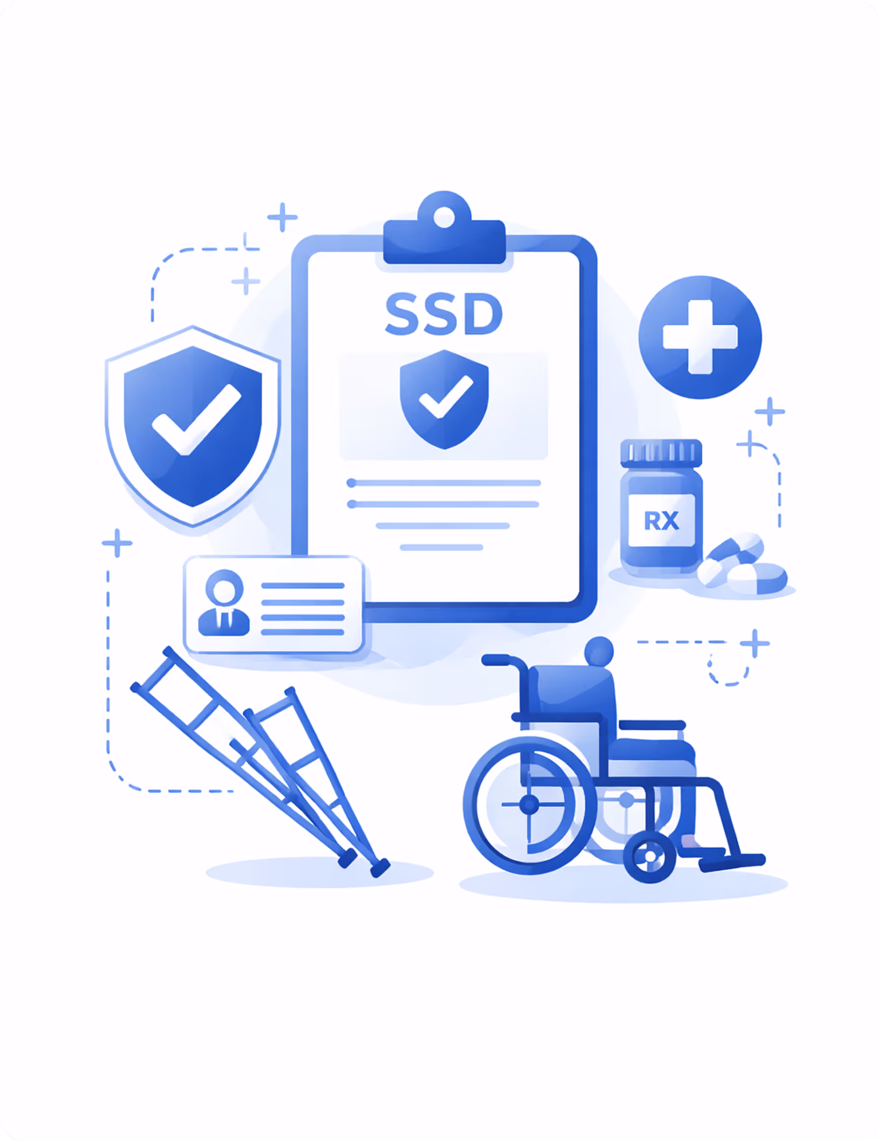 Medical illustration with a clipboard labeled SSD, a shield with a checkmark, crutches, a wheelchair, a prescription bottle, and medical cross symbol.