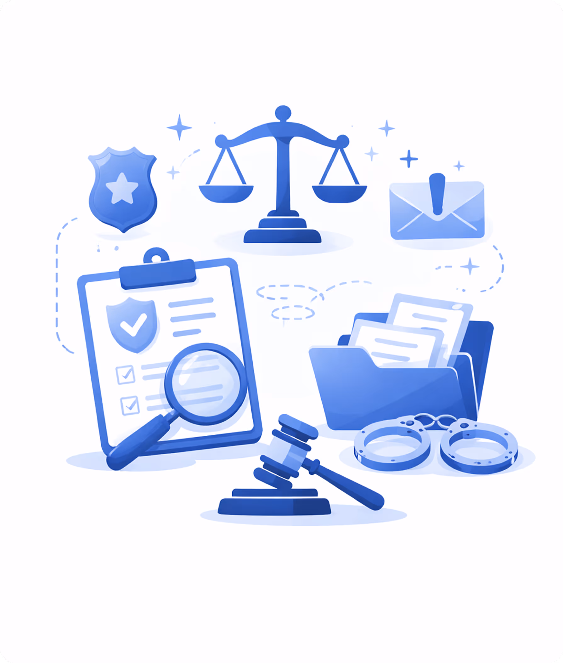 Illustration of law and justice symbols including a gavel, scales of justice, a police badge, handcuffs, a clipboard with a magnifying glass, a folder with documents, and an envelope with an exclamation mark.